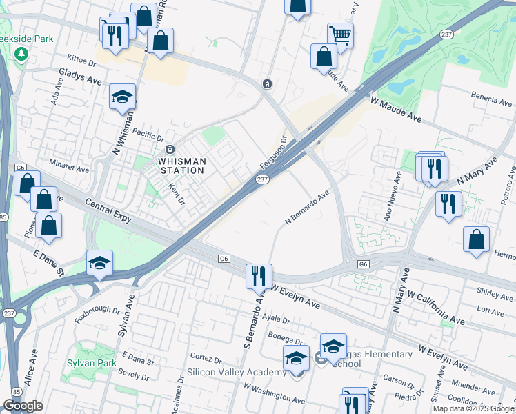 map of restaurants, bars, coffee shops, grocery stores, and more near 303 Ravendale Dr in Mountain View