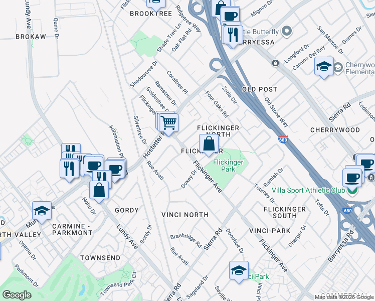 map of restaurants, bars, coffee shops, grocery stores, and more near Flickinger Ave & Mckenzie Pl in San Jose