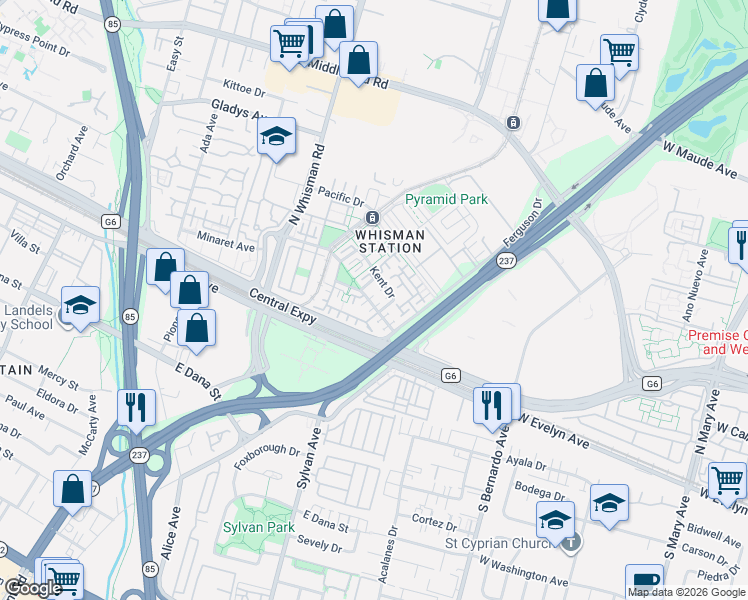 map of restaurants, bars, coffee shops, grocery stores, and more near 448 Whisman Park Drive in Mountain View