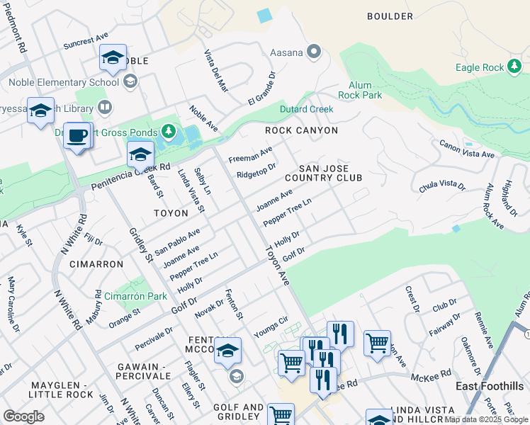 map of restaurants, bars, coffee shops, grocery stores, and more near 3955 Pepper Tree Lane in San Jose