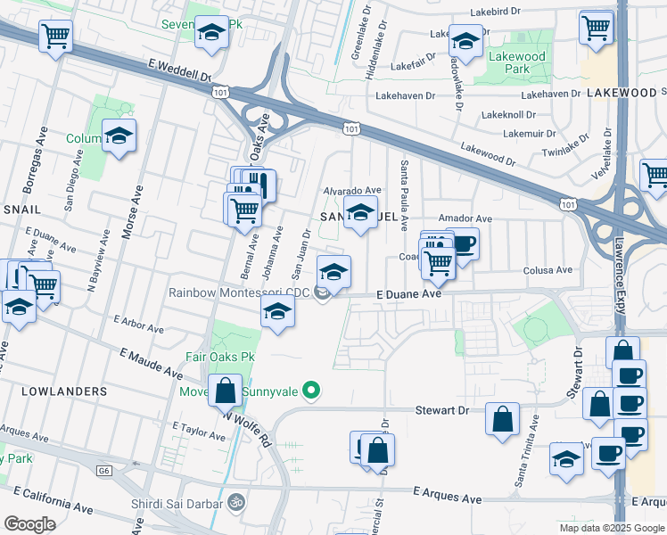 map of restaurants, bars, coffee shops, grocery stores, and more near 763 San Justo Court in Sunnyvale