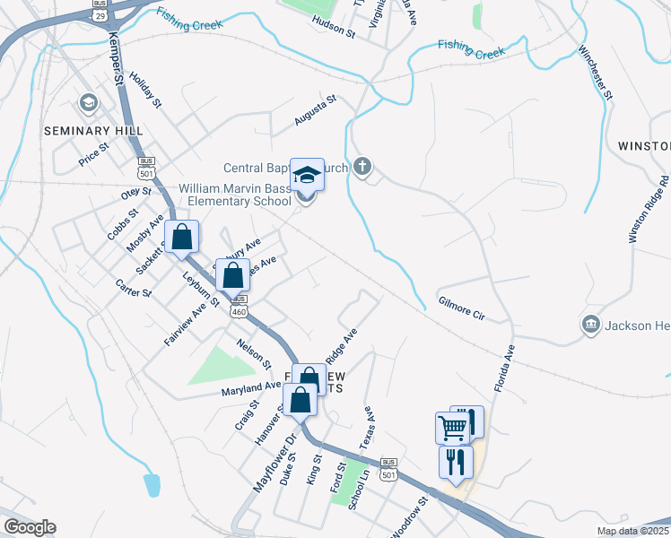 map of restaurants, bars, coffee shops, grocery stores, and more near 1901 Idaho Avenue in Lynchburg