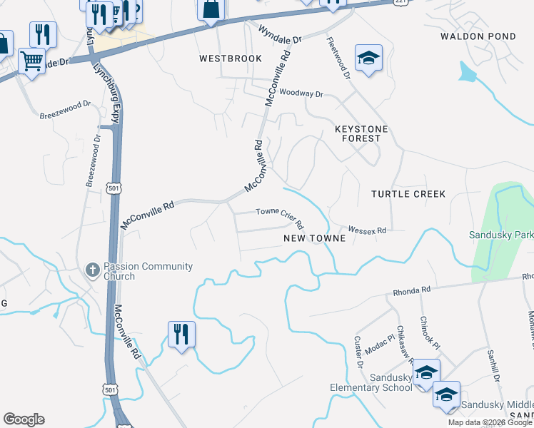 map of restaurants, bars, coffee shops, grocery stores, and more near 328 Blackhawke Drive in Lynchburg