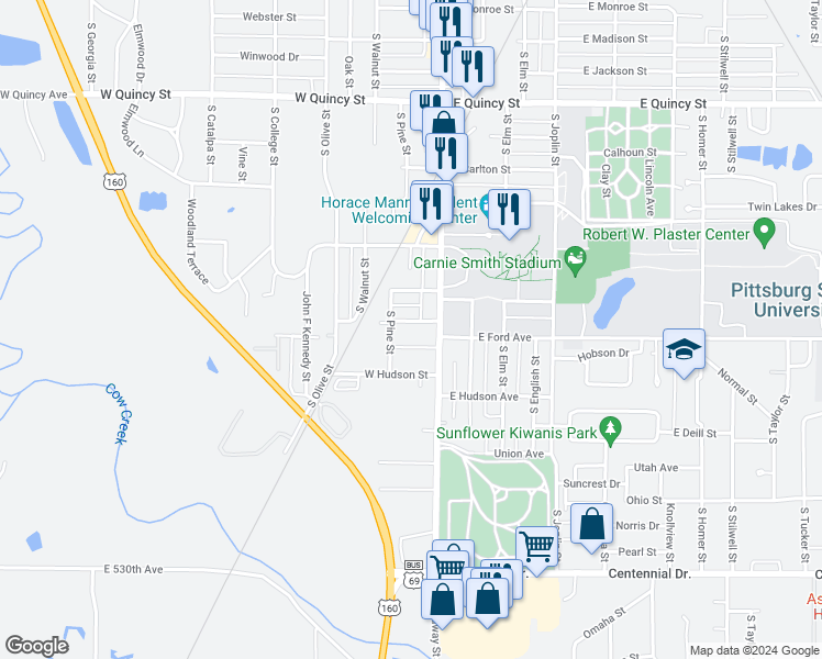 map of restaurants, bars, coffee shops, grocery stores, and more near 1900 South Broadway Street in Pittsburg