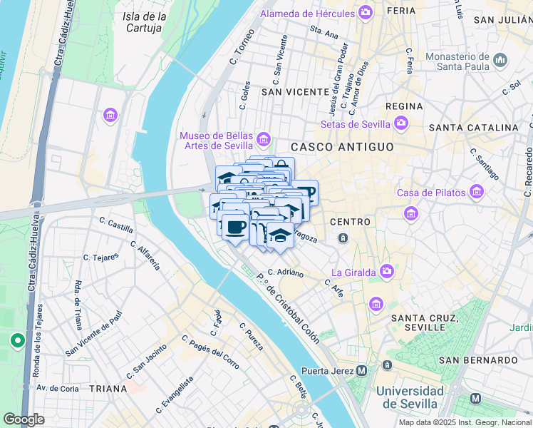 map of restaurants, bars, coffee shops, grocery stores, and more near 3 Calle Reyes Católicos in Sevilla