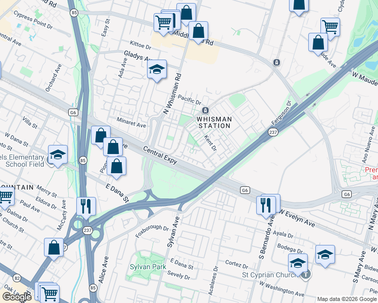 map of restaurants, bars, coffee shops, grocery stores, and more near 143 Frederick Court in Mountain View