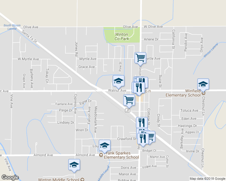 map of restaurants, bars, coffee shops, grocery stores, and more near 7199 Walnut Avenue in Winton