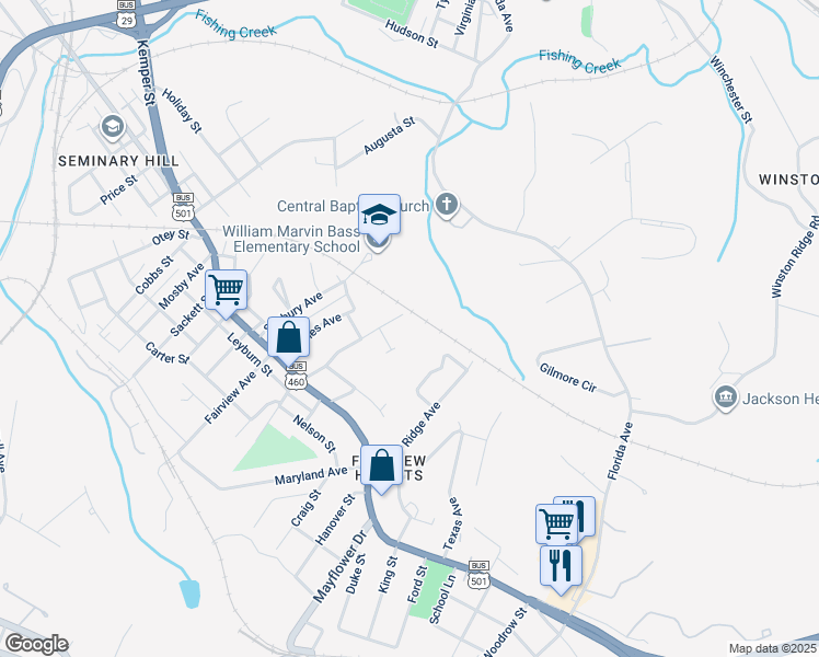 map of restaurants, bars, coffee shops, grocery stores, and more near 1901 Idaho Avenue in Lynchburg