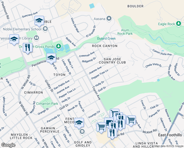 map of restaurants, bars, coffee shops, grocery stores, and more near 3955 Pepper Tree Lane in San Jose