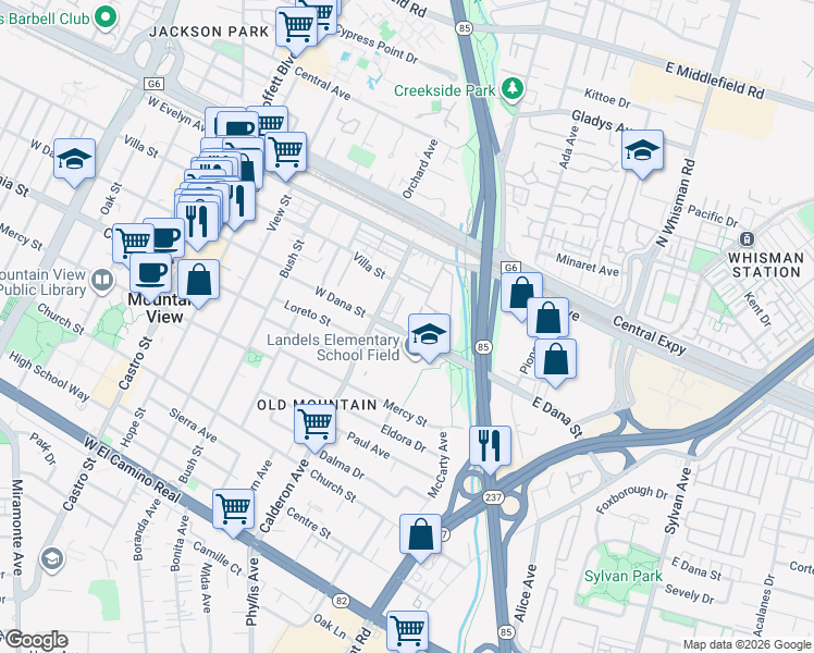 map of restaurants, bars, coffee shops, grocery stores, and more near 132 West Dana Street in Mountain View