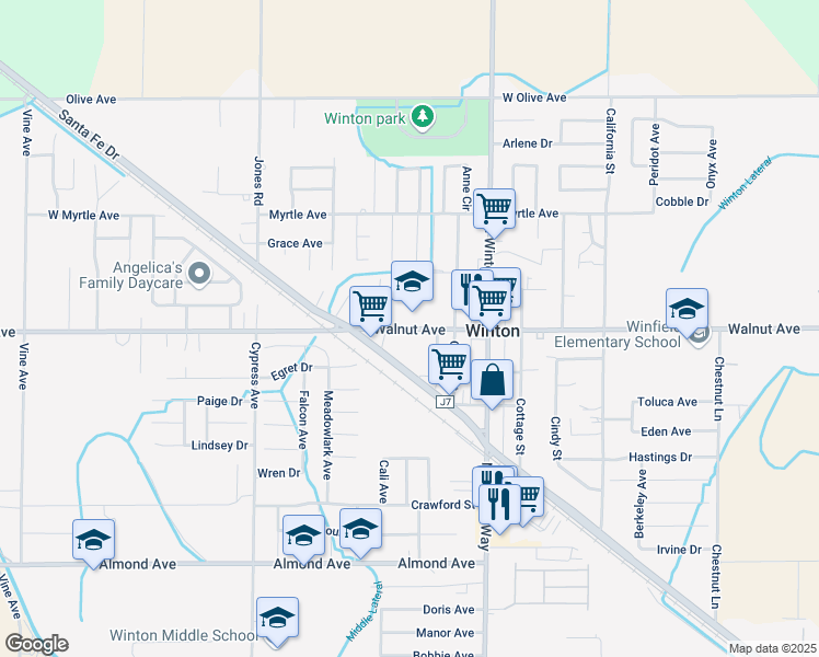 map of restaurants, bars, coffee shops, grocery stores, and more near 7160 Walnut Avenue in Winton