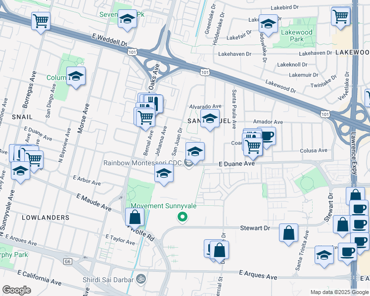 map of restaurants, bars, coffee shops, grocery stores, and more near 743 San Jule Court in Sunnyvale