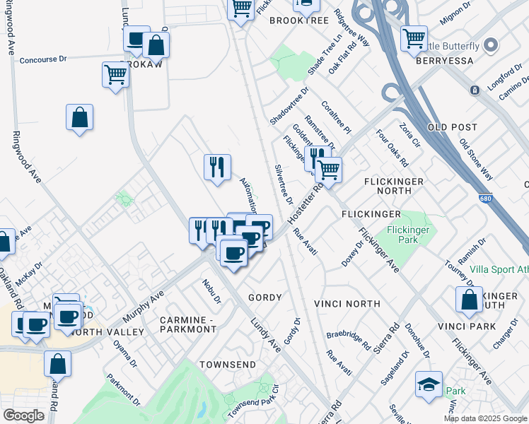 map of restaurants, bars, coffee shops, grocery stores, and more near 1704 Automation Parkway in San Jose