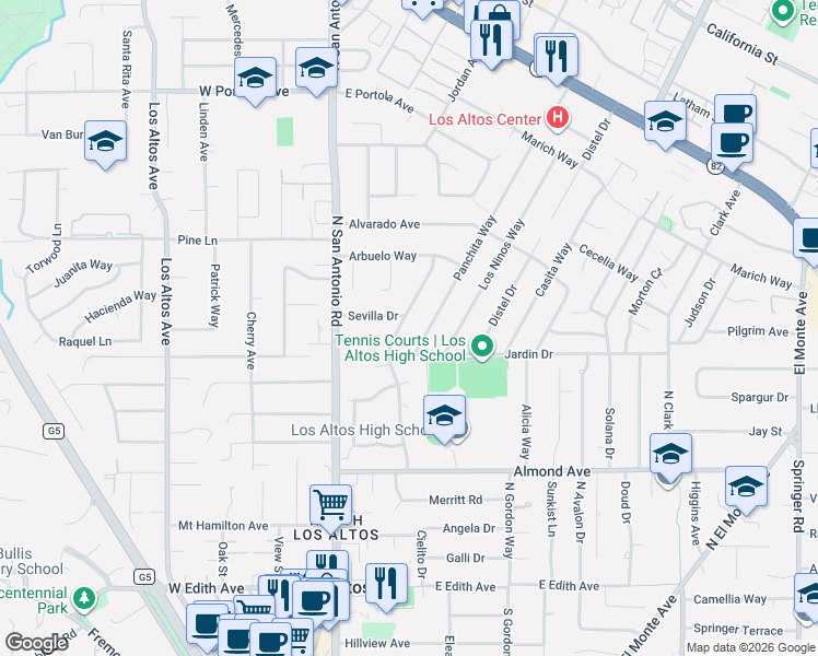 map of restaurants, bars, coffee shops, grocery stores, and more near 439 Valencia Drive in Los Altos