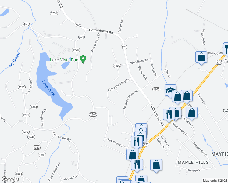 map of restaurants, bars, coffee shops, grocery stores, and more near 203 Clays Crossing Drive in Forest