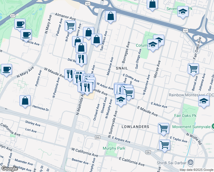 map of restaurants, bars, coffee shops, grocery stores, and more near 560 Madrone Avenue in Sunnyvale