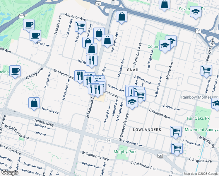 map of restaurants, bars, coffee shops, grocery stores, and more near 268 West Arbor Avenue in Sunnyvale