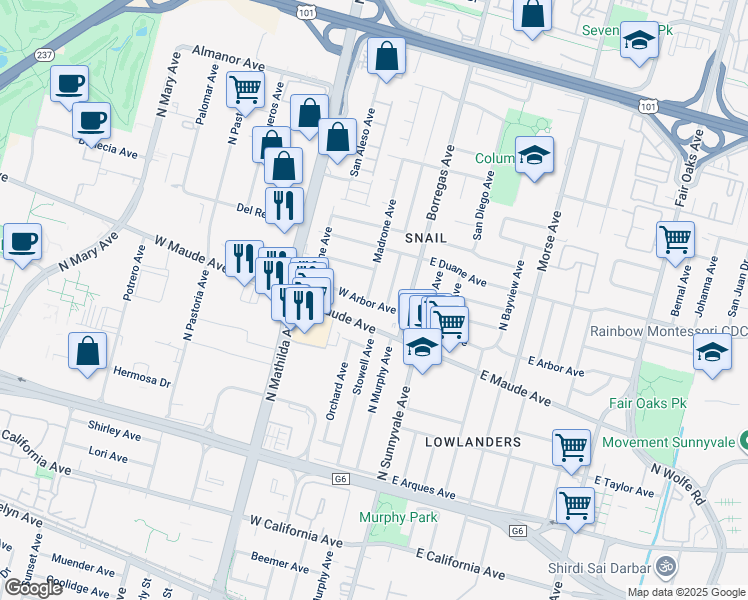 map of restaurants, bars, coffee shops, grocery stores, and more near 560 Madrone Avenue in Sunnyvale