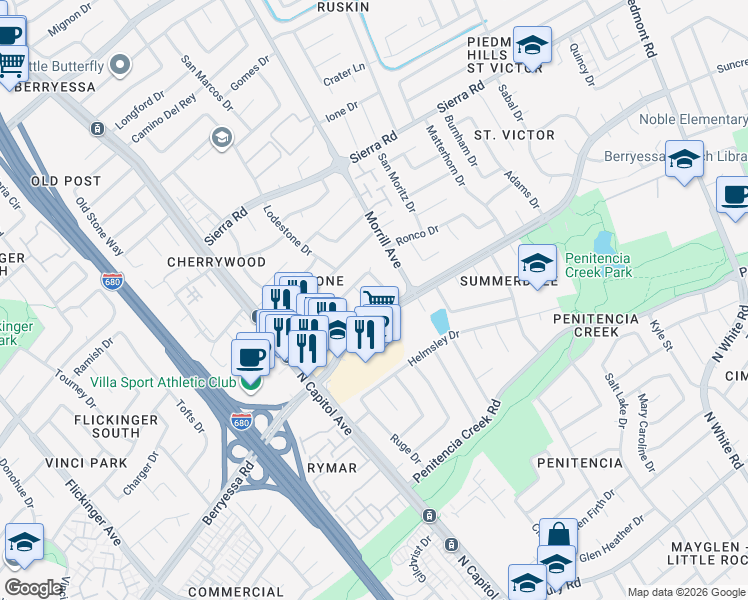 map of restaurants, bars, coffee shops, grocery stores, and more near 1156 Ironstone Court in San Jose