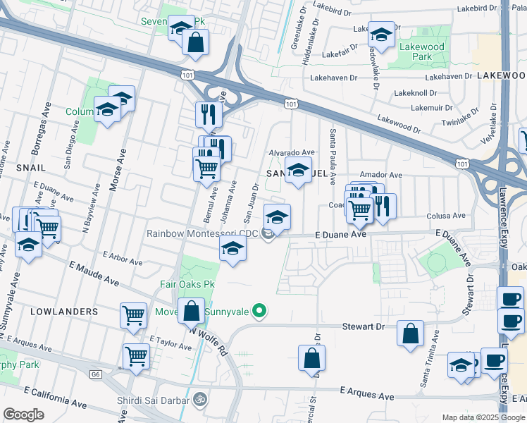 map of restaurants, bars, coffee shops, grocery stores, and more near 763 San Justo Court in Sunnyvale