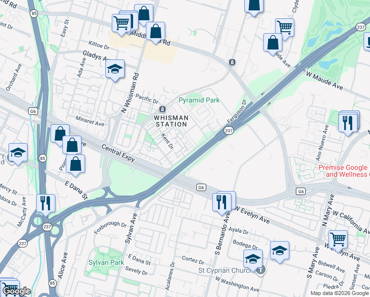 map of restaurants, bars, coffee shops, grocery stores, and more near 176 Ferguson Drive in Mountain View