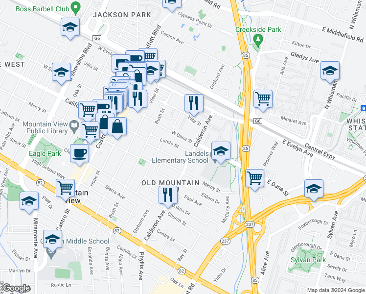map of restaurants, bars, coffee shops, grocery stores, and more near 260 Velarde Street in Mountain View