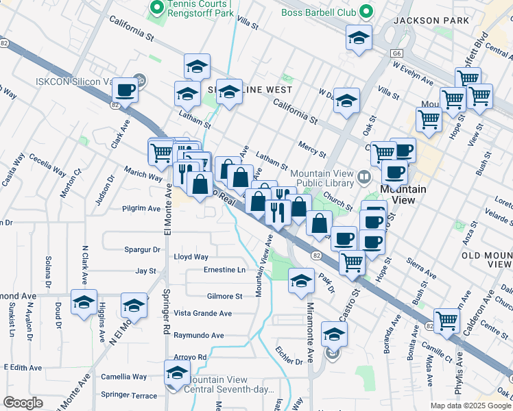 map of restaurants, bars, coffee shops, grocery stores, and more near 1411B West El Camino Real in Mountain View
