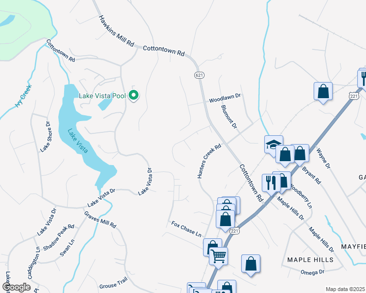 map of restaurants, bars, coffee shops, grocery stores, and more near 203 Clays Crossing Drive in Forest
