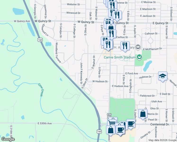 map of restaurants, bars, coffee shops, grocery stores, and more near 1999 South Olive Street in Pittsburg