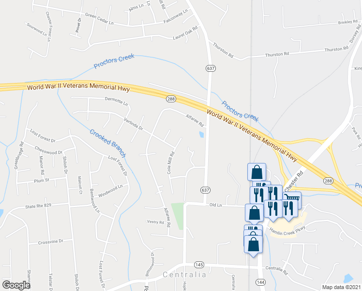 map of restaurants, bars, coffee shops, grocery stores, and more near 9613 Cole Mill Road in Richmond