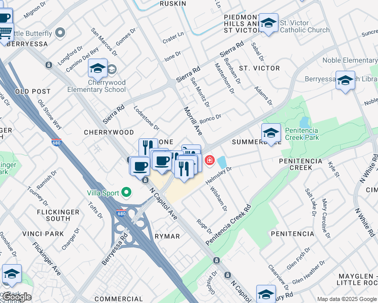 map of restaurants, bars, coffee shops, grocery stores, and more near 1156 Ironstone Court in San Jose