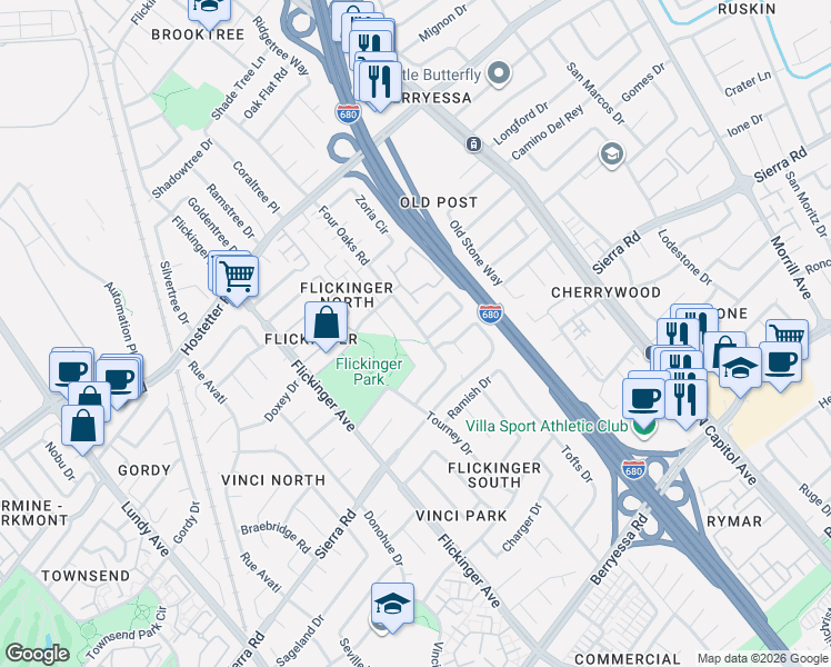 map of restaurants, bars, coffee shops, grocery stores, and more near 1465 4 Oaks Road in San Jose