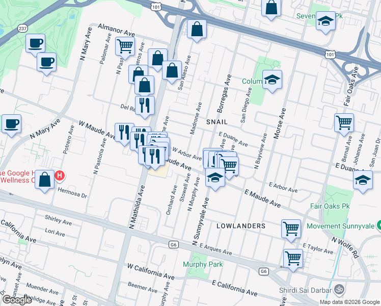 map of restaurants, bars, coffee shops, grocery stores, and more near 560 Madrone Avenue in Sunnyvale