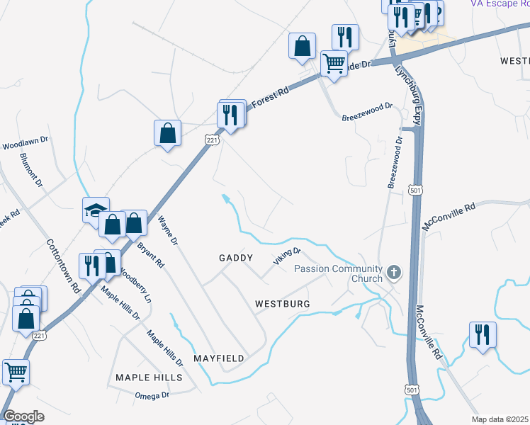 map of restaurants, bars, coffee shops, grocery stores, and more near 104 Emeline Drive in Lynchburg