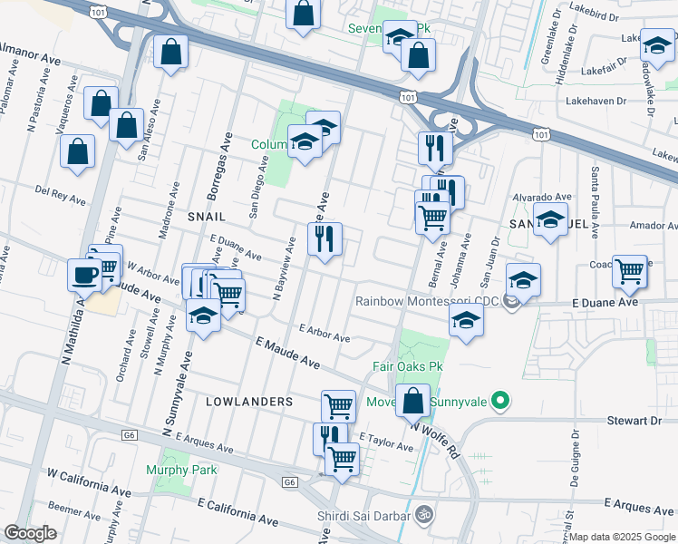 map of restaurants, bars, coffee shops, grocery stores, and more near in Sunnyvale