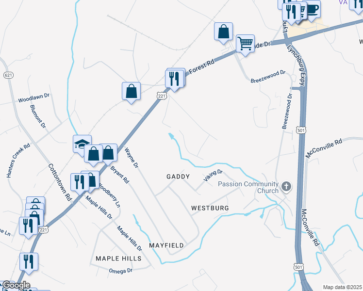 map of restaurants, bars, coffee shops, grocery stores, and more near 111 Creekview Court in Lynchburg