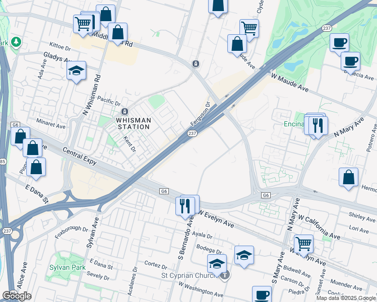 map of restaurants, bars, coffee shops, grocery stores, and more near 345 Ravendale Drive in Mountain View