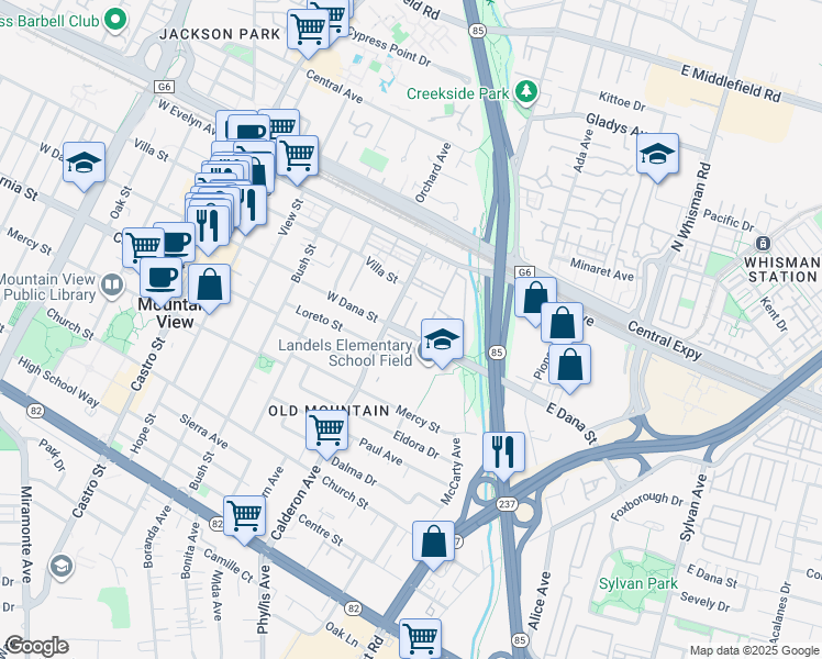 map of restaurants, bars, coffee shops, grocery stores, and more near 150 West Dana Street in Mountain View