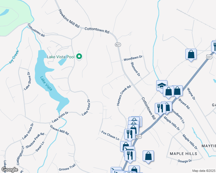 map of restaurants, bars, coffee shops, grocery stores, and more near 213 Clays Crossing Drive in Forest