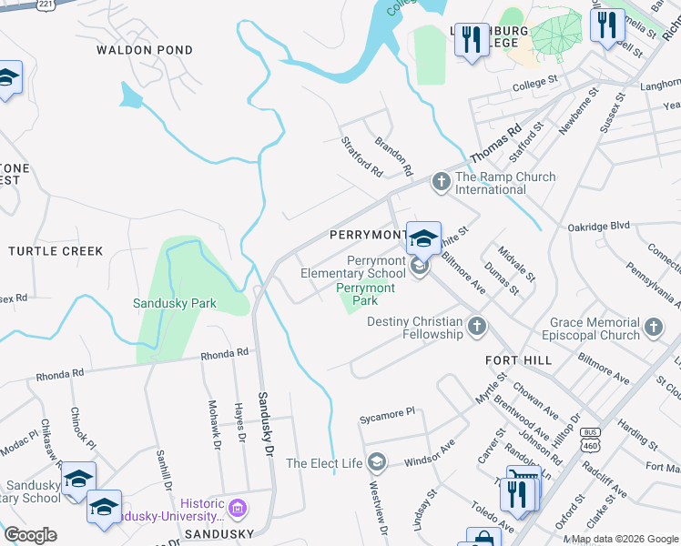 map of restaurants, bars, coffee shops, grocery stores, and more near 4615 Oakdale Drive in Lynchburg