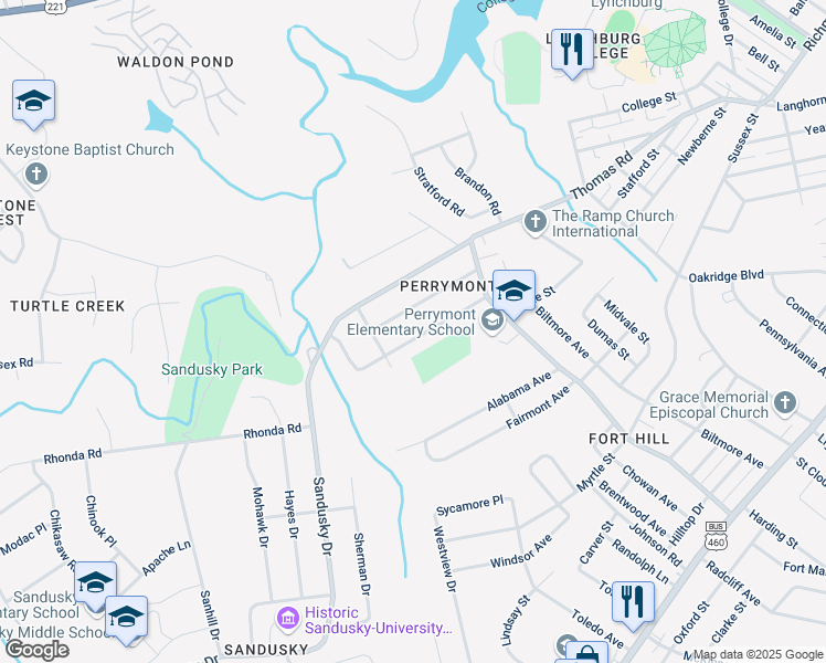 map of restaurants, bars, coffee shops, grocery stores, and more near 4615 Oakdale Drive in Lynchburg