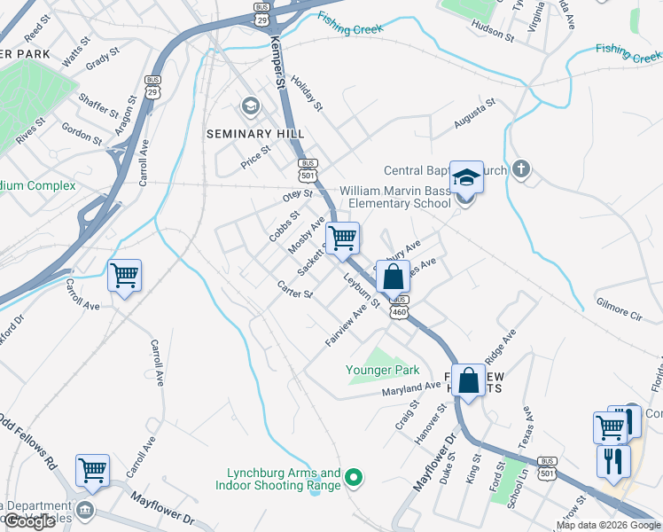 map of restaurants, bars, coffee shops, grocery stores, and more near 2236 Easley Avenue in Lynchburg