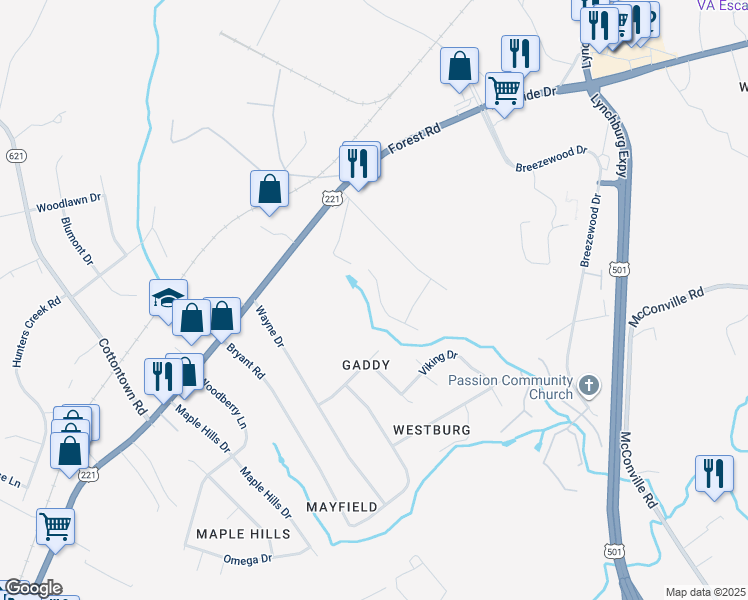 map of restaurants, bars, coffee shops, grocery stores, and more near 111 Creekview Court in Lynchburg