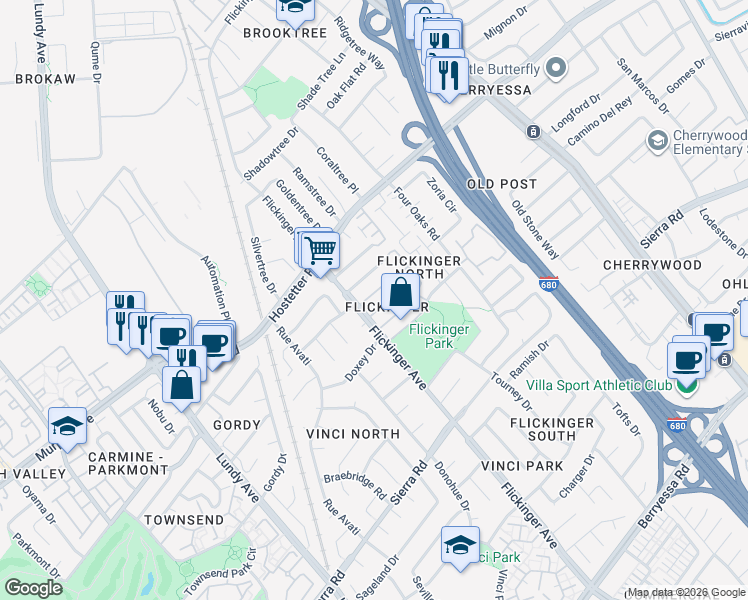 map of restaurants, bars, coffee shops, grocery stores, and more near 2012 Purcell Place in San Jose