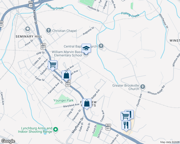 map of restaurants, bars, coffee shops, grocery stores, and more near 1810 Pocahontas Street in Lynchburg