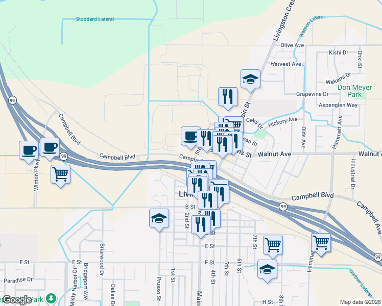 map of restaurants, bars, coffee shops, grocery stores, and more near 221 Stefani Avenue in Livingston