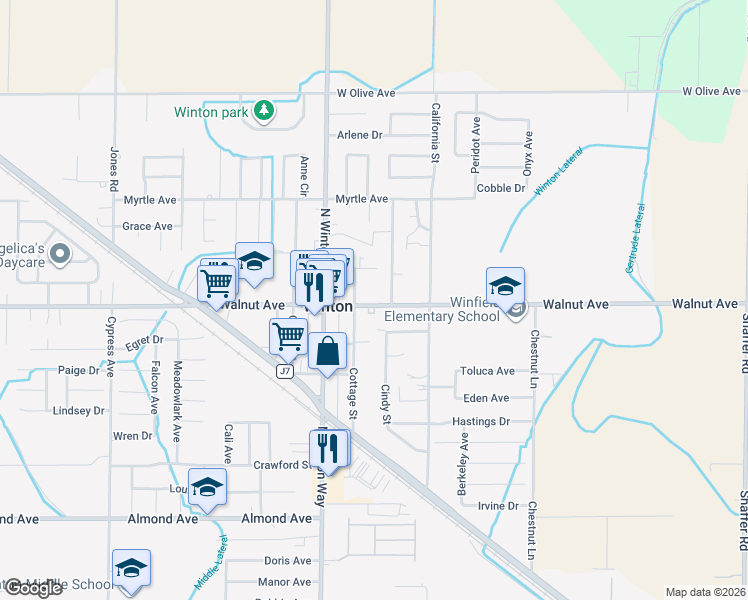 map of restaurants, bars, coffee shops, grocery stores, and more near 6980 Cottage Street in Winton