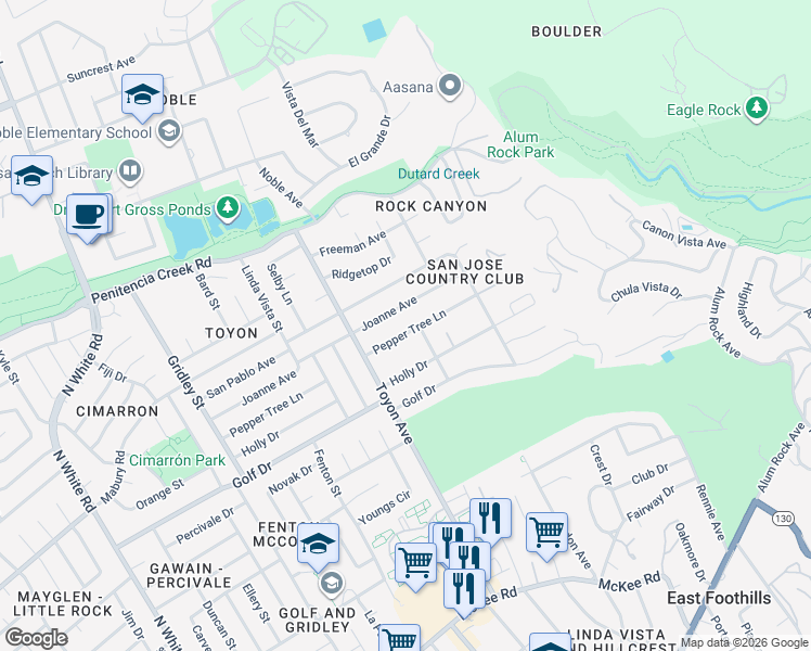 map of restaurants, bars, coffee shops, grocery stores, and more near 3986 Pepper Tree Lane in San Jose