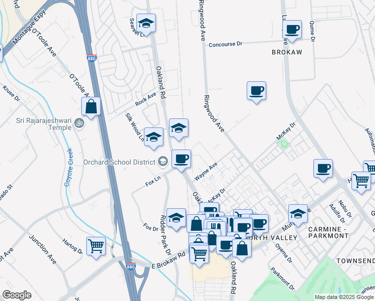 map of restaurants, bars, coffee shops, grocery stores, and more near 1866 Fumia Place in San Jose
