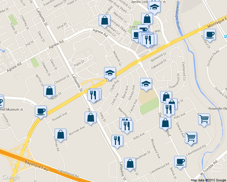 map of restaurants, bars, coffee shops, grocery stores, and more near 928 Leith Avenue in Santa Clara